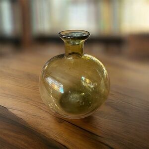 Hand Blown Olive Green Glass Vase— 5” Round Bubble Style